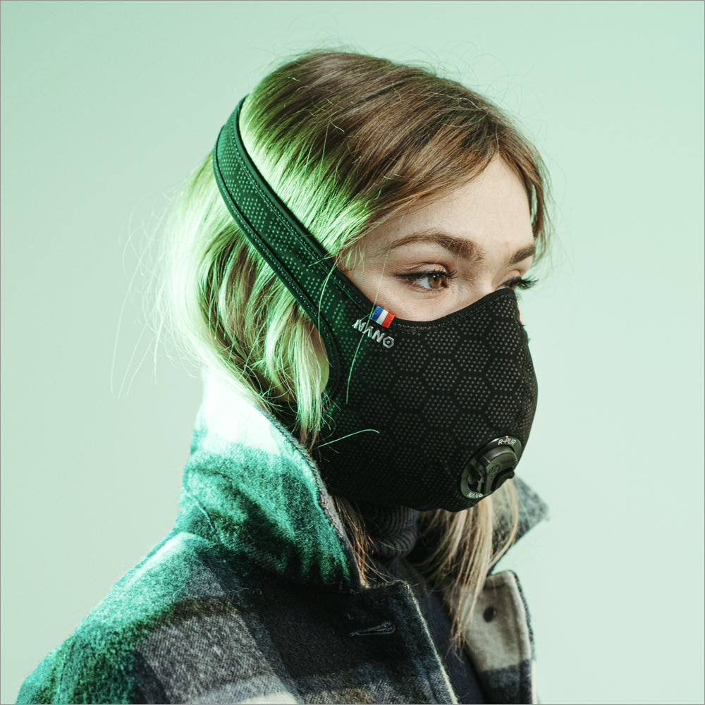 Side profile of a woman in a plaid coat wearing a black R-PUR travel mask with a head strap