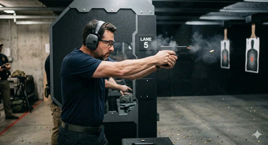  Un homme arme en main au stand de tir, avec lunettes et casque de protection. 