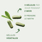 3 gélules végétales avec du texte écrit sur la composition et une feuille