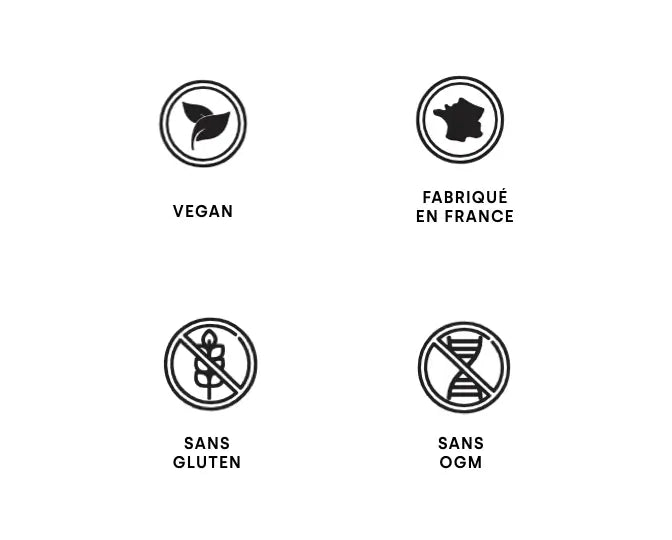 4 icônes vegan, fabriqué en france, sans gluten et sans ogm en format mobile